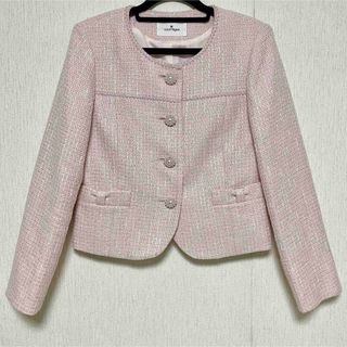 courreges クレージュ ノーカラー ツィード ジャケット ピンク パール