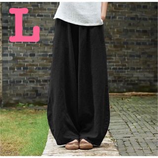 ワイドパンツ リネンパンツ サルエルパンツ　バルーンパンツ 黒 ブラック L(サルエルパンツ)