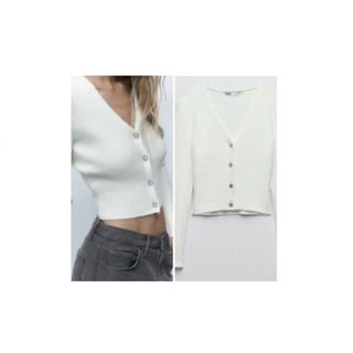 ザラ(ZARA)のZARA ショート丈 リブカーディガン 白(カーディガン)