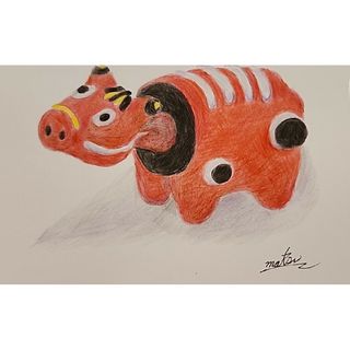 『アカベコ』色鉛筆画。リアル。置き物。絵画。ハガキ。(絵画/タペストリー)