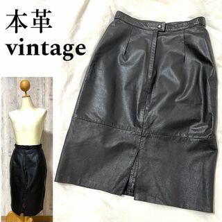 美品【COMINT】vintage 本革レザー スカート BLACK／黒 Ｍ～Ｌ(ひざ丈スカート)