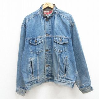 XL★古着 マルボロ 長袖 ジージャン メンズ 90年代 90s コットン 襟レザー 紺 ネイビー デニム 24apr25 中古 アウター Gジャン ジャケット(ダッフルコート)