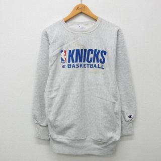 チャンピオン(Champion)のL★古着 長袖 チャンピオン Champion リバースウィーブ メンズ 90年代 90s NBA ニューヨークニックス ワンポイントロゴ クルーネック USA製 グレー 霜降り バスケットボール 24apr25 中古 スウェット スエット トレーナー トップス(パーカー)