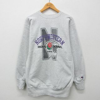 チャンピオン(Champion)のXL★古着 長袖 チャンピオン Champion リバースウィーブ メンズ 90年代 90s ノースウエスタンワイルドキャッツ ローズボウル クルーネック USA製 グレー 霜降り 【spe】 24apr25 中古 スウェット スエット トレーナー トップス(パーカー)