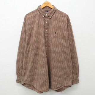 ラルフローレン(Ralph Lauren)のXL★古着 ラルフローレン Ralph Lauren 長袖 ブランド シャツ メンズ 90年代 90s ワンポイントロゴ 大きいサイズ コットン ボタンダウン ベージュ他 カーキ チェック 24apr25 中古 トップス(シャツ)