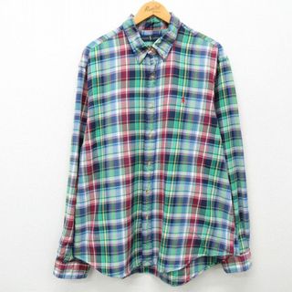 ラルフローレン(Ralph Lauren)のXL★古着 ラルフローレン Ralph Lauren 長袖 ブランド シャツ メンズ ワンポイントロゴ 大きいサイズ コットン ボタンダウン 緑他 グリーン チェック 24apr25 中古 トップス(シャツ)