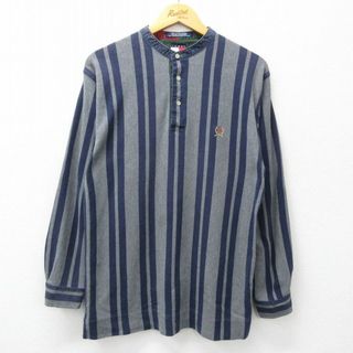 TOMMY HILFIGER - M★古着 トミーヒルフィガー TOMMY HILFIGER 長袖 ブランド トップス メンズ 90年代 90s ワンポイントロゴ コットン ノーカラー 鹿の子 紺他 ネイビー ストライプ 24apr25 中古