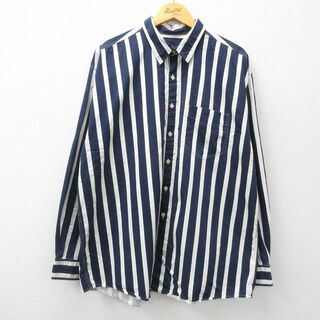 J.Crew - XL★古着 ジェイクルー J.CREW 長袖 ブランド シャツ メンズ 90年代 90s 大きいサイズ ロング丈 コットン ボタンダウン 紺他 ネイビー ストライプ 24apr25 中古 トップス