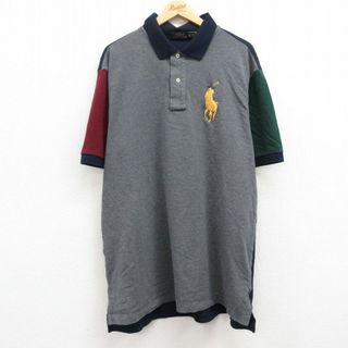 ラルフローレン(Ralph Lauren)のXL★古着 ラルフローレン Ralph Lauren 半袖 ブラント ポロ シャツ メンズ ビッグポニー 鹿の子 マルチカラー 大きいサイズ ロング丈 コットン グレー他 霜降り 【spe】 24apr25 中古 トップス(ポロシャツ)