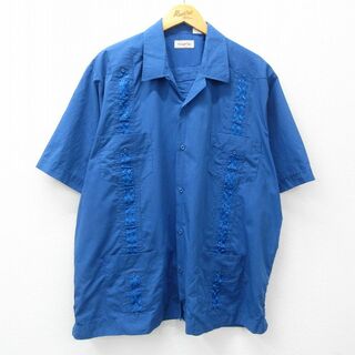 XL★古着 半袖 キューバ シャツ メンズ 00年代 00s 刺繍 大きいサイズ 開襟 オープンカラー 青 ブルー 24apr25 中古 トップス(シャツ)