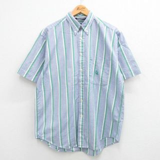 ノーティカ(NAUTICA)のXL★古着 ノーティカ NAUTICA 半袖 ブランド シャツ メンズ 90年代 90s ワンポイントロゴ コットン ボタンダウン 薄紺他 ネイビー ストライプ 24apr25 中古 トップス(シャツ)