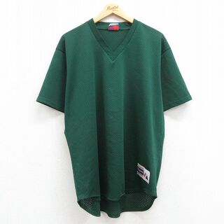 マジェスティック(Majestic)のXL★古着 マジェスティック 半袖 ビンテージ Tシャツ メンズ 90年代 90s 無地 メッシュ地 Vネック USA製 緑 グリーン 24apr25 中古(Tシャツ/カットソー(半袖/袖なし))