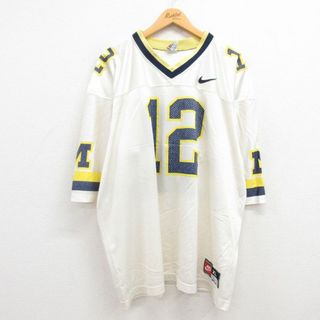 ナイキ(NIKE)のXL★古着 ナイキ NIKE 半袖 ビンテージ フットボール Tシャツ メンズ 90年代 90s ワンポイントロゴ 12 メッシュ地 大きいサイズ Vネック USA製 生成り ユニフォーム ゲームシャツ 【spe】 24apr25 中古(Tシャツ/カットソー(半袖/袖なし))