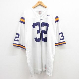 ナイキ(NIKE)のXL★古着 ナイキ NIKE 半袖 ビンテージ フットボール Tシャツ メンズ 00年代 00s ワンポイントロゴ LSU 32 メッシュ地 大きいサイズ ロング丈 Vネック 白他 ホワイト 24apr25 中古(Tシャツ/カットソー(半袖/袖なし))