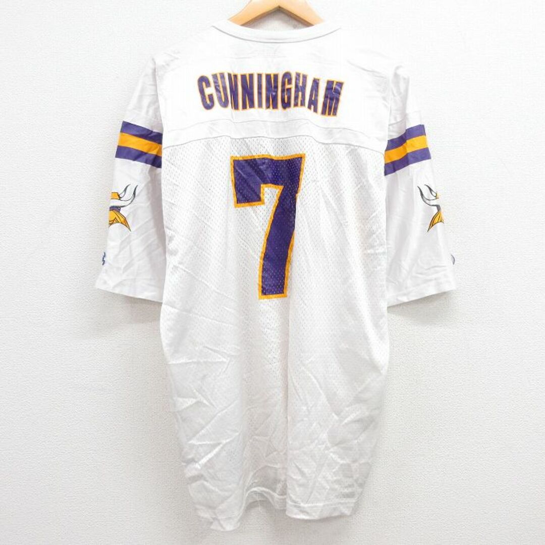 Champion(チャンピオン)のXL★古着 チャンピオン champion 半袖 ビンテージ フットボール Tシャツ メンズ 90年代 90s NFL ミネソタバイキングス ランドールカニンガム 7 メッシュ地 大きいサイズ Vネック 白 ホワイト アメフト スーパーボウル ユニフォーム ゲームシャツ 24apr25 中古 メンズのトップス(Tシャツ/カットソー(半袖/袖なし))の商品写真