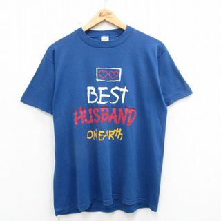 L★古着 半袖 ビンテージ Tシャツ メンズ 80年代 80s ハート BEST HUSBAND クルーネック USA製 青 ブルー 24apr25 中古(Tシャツ/カットソー(半袖/袖なし))