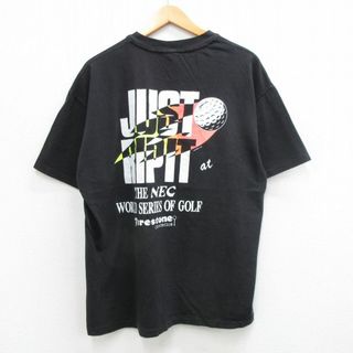 ヘインズ(Hanes)のXL★古着 ヘインズ Hanes 半袖 ビンテージ Tシャツ メンズ 90年代 90s ゴルフ Firestone コットン クルーネック USA製 黒 ブラック 24apr25 中古(Tシャツ/カットソー(半袖/袖なし))