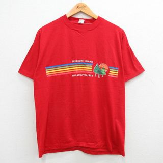 フィラ(FILA)のL★古着 半袖 ビンテージ Tシャツ メンズ 80年代 80s 木 フィラデルフィア クルーネック USA製 赤 レッド 24apr25 中古(Tシャツ/カットソー(半袖/袖なし))