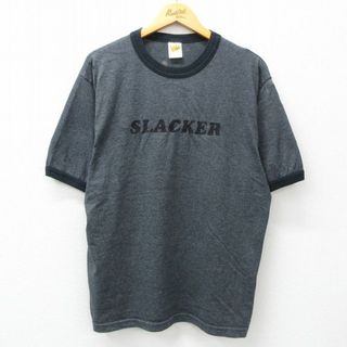 XL★古着 半袖 ビンテージ Tシャツ メンズ 90年代 90s SLACKER フロッキープリント クルーネック USA製 濃グレー 霜降り リンガー 24apr25 中古(Tシャツ/カットソー(半袖/袖なし))