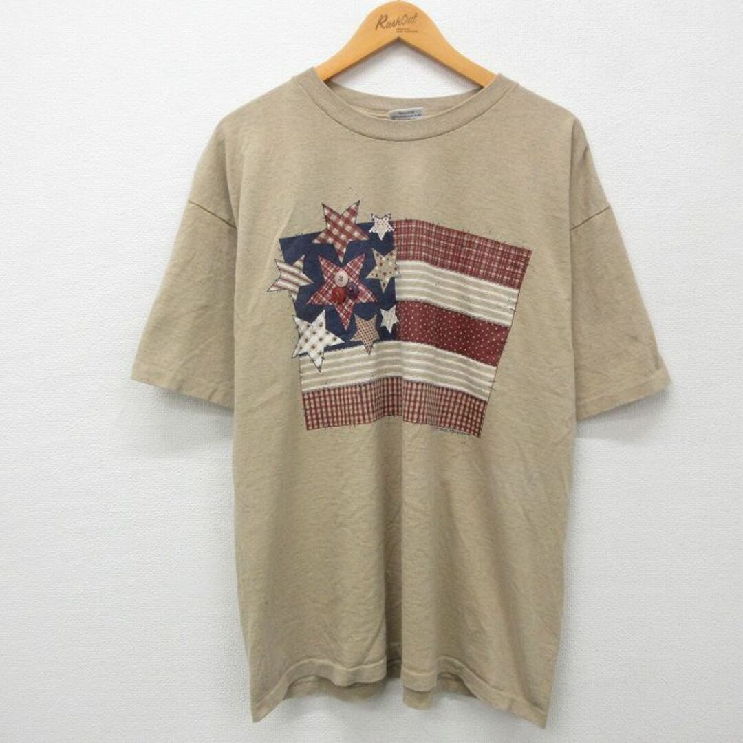 XL★古着 半袖 ビンテージ Tシャツ メンズ 90年代 90s 星 ボタン 大きいサイズ コットン クルーネック USA製 ベージュ カーキ 霜降り 24apr25 中古 メンズのトップス(Tシャツ/カットソー(半袖/袖なし))の商品写真