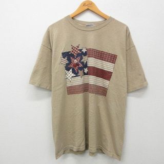 XL★古着 半袖 ビンテージ Tシャツ メンズ 90年代 90s 星 ボタン 大きいサイズ コットン クルーネック USA製 ベージュ カーキ 霜降り 24apr25 中古(Tシャツ/カットソー(半袖/袖なし))