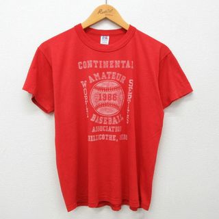 M★古着 ラッセル 半袖 ビンテージ Tシャツ メンズ 80年代 80s コンチネンタル ベースボール ワールドシリーズ クルーネック USA製 赤 レッド 24apr25 中古(Tシャツ/カットソー(半袖/袖なし))