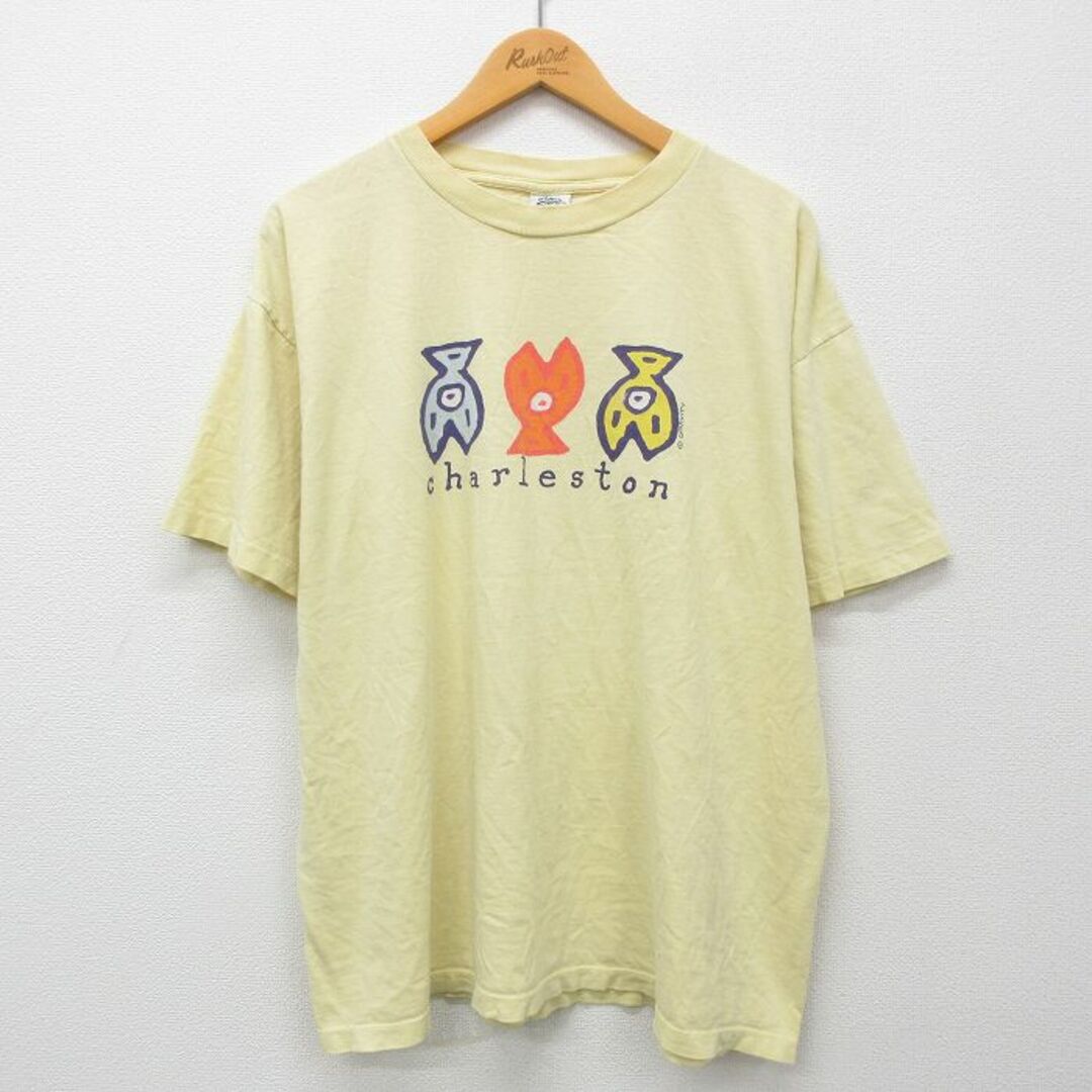 XL★古着 半袖 ビンテージ Tシャツ メンズ 90年代 90s Charleston 大きいサイズ コットン クルーネック USA製 黄 イエロー 24apr25 中古 メンズのトップス(Tシャツ/カットソー(半袖/袖なし))の商品写真