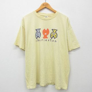 XL★古着 半袖 ビンテージ Tシャツ メンズ 90年代 90s Charleston 大きいサイズ コットン クルーネック USA製 黄 イエロー 24apr25 中古(Tシャツ/カットソー(半袖/袖なし))