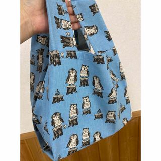 ハンドメイド　エコバッグ　コンビニサイズ　ふくろう柄　水色(エコバッグ)