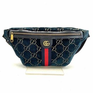 グッチ(Gucci)のGUCCI(グッチ) ウエストポーチ GGベルベット 574968 ダークネイビー×ゴールド×レッド ベロア×レザー(ボディバッグ/ウエストポーチ)