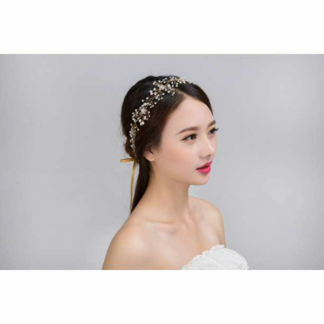 ゴールド ヘッドドレス ブライダル ヘアアクセサリー 小枝 かすみ草 結婚式 レディースのヘアアクセサリー(その他)の商品写真