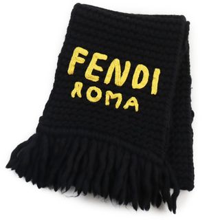 フェンディ(FENDI)の美品●FENDI フェンディ FXS124 ロゴ入り フリンジ付き ニット マフラー ブラック 180×30cm 保存袋付き イタリア製 正規品 ユニセックス 定価126,500円(マフラー/ショール)