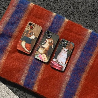 【数量限定】iPhone15　スマホ　ブラウン　ケース　犬　油絵　個性的　茶色(iPhoneケース)