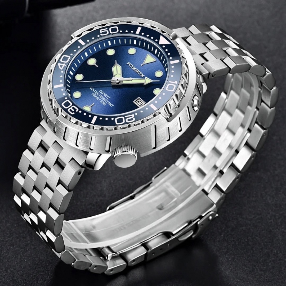 新品 FOXBOX ブルーウォッチ 50M防水メンズ腕時計 ステンレスストラップ メンズの時計(腕時計(アナログ))の商品写真