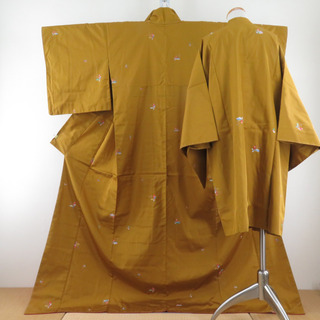 紬 着物 アンサンブル 道行付 花文様 袷 広衿 黄色 正絹 カジュアル 仕立て上がり 身丈170cm(着物)