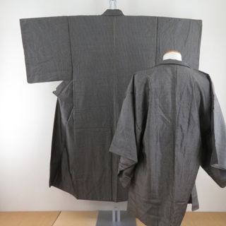 男着物 紬 アンサンブル 袷 灰茶色 正絹 男性用きもの メンズ 仕立て上がり 和服 男物 カジュアル 身丈138cm(着物)