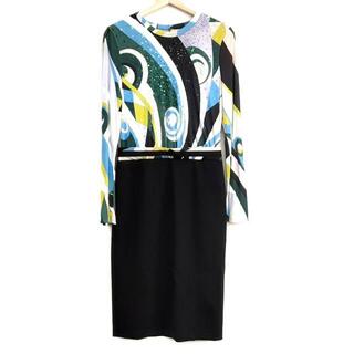 エミリオプッチ(EMILIO PUCCI)のEMILIO PUCCI(エミリオプッチ) ワンピース サイズI:42 レディース美品  - 黒×グリーン×マルチ 長袖/切替/ビーズ/スパンコール/クルーネック/ロング丈(その他)