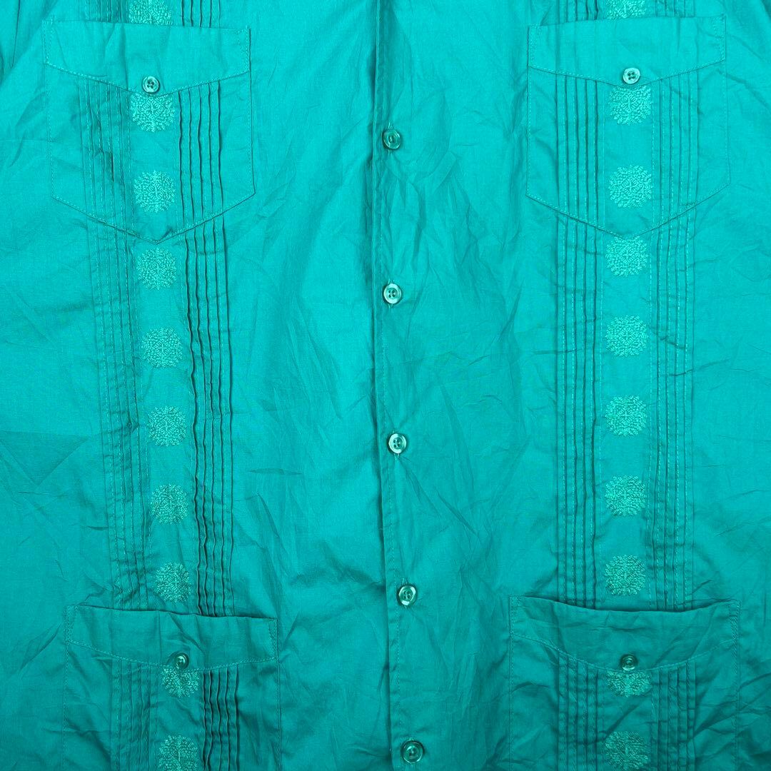 ヴィンテージ 刺繍デザイン 4ポケット 半袖 開襟キューバシャツ グリーンXXL メンズのトップス(シャツ)の商品写真