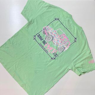 US 古着　Tシャツ　ライトグリーン　黄緑　車　花柄　シープ　犬　オーバーサイズ(Tシャツ/カットソー(半袖/袖なし))