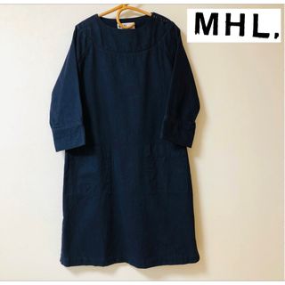 エムエイチエル(MHL.)のマーガレットハウエル MHL. ワンピース ロング 長袖 コットン　S ネイビー(ロングワンピース/マキシワンピース)