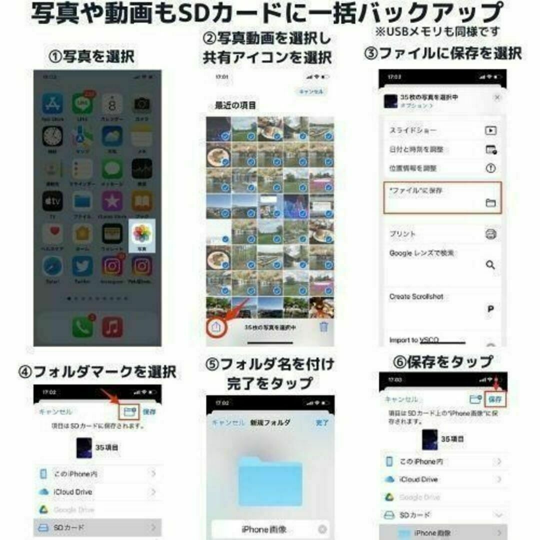 iphone ipad SDカードリーダー ＆ USB 接続アダプタ 3in1  スマホ/家電/カメラのスマホアクセサリー(その他)の商品写真