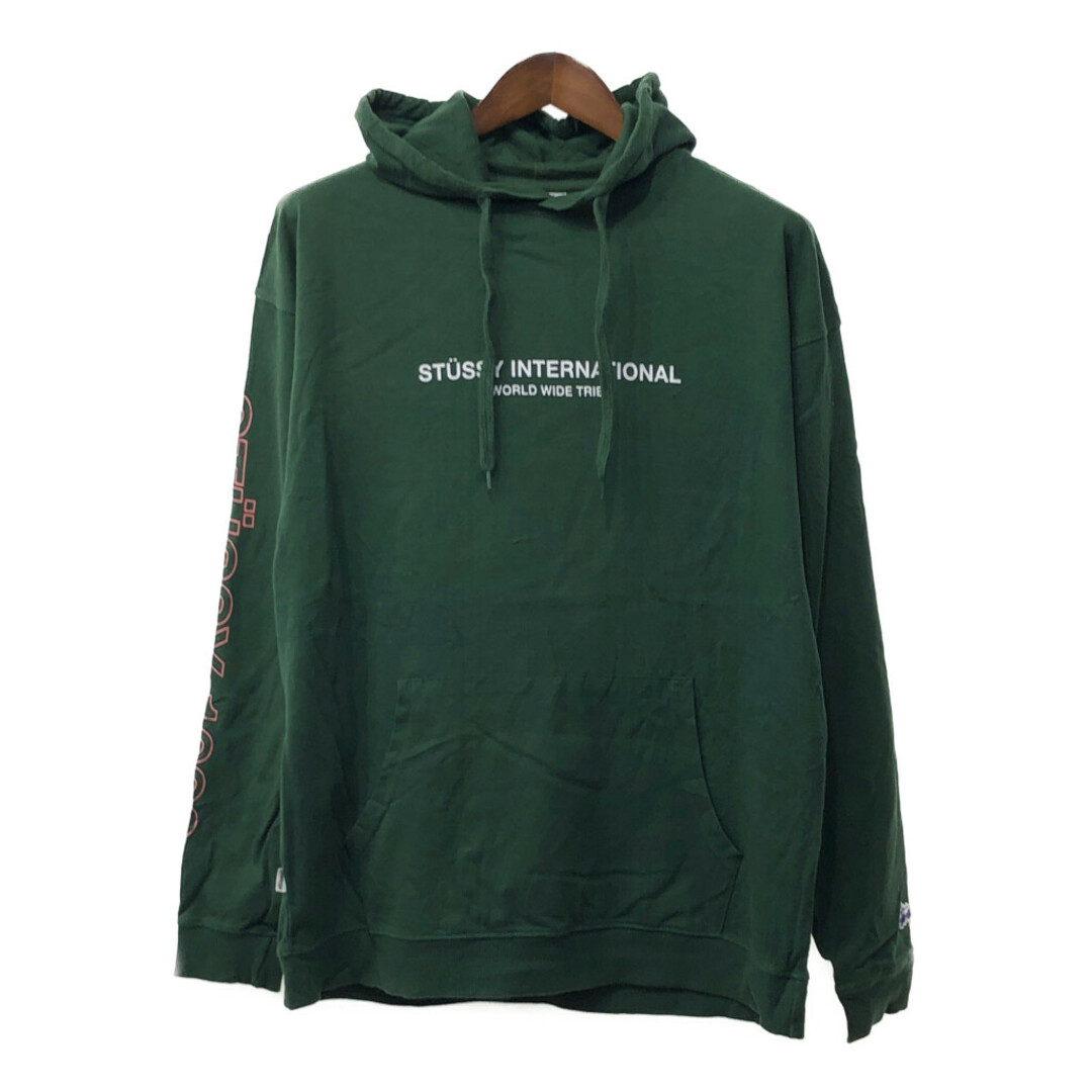 STUSSY(ステューシー)のSTUSSY ステューシー INTERNATIONAL スウェット パーカー 袖プリント グリーン (メンズ MEDIUM) 中古 古着 Q4253 メンズのトップス(パーカー)の商品写真