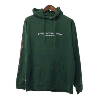 STUSSY - STUSSY ステューシー INTERNATIONAL スウェット パーカー 袖プリント グリーン (メンズ MEDIUM) 中古 古着 Q4253