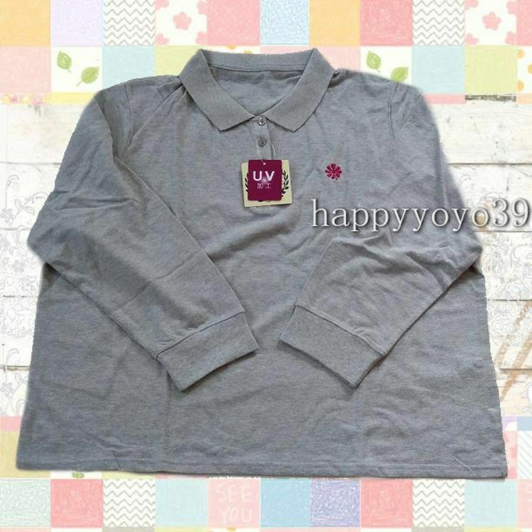 新品激安５Lグレー 長袖 UV加工 鹿の子ポロシャツ レディース 大きいサイズ レディースのトップス(ポロシャツ)の商品写真