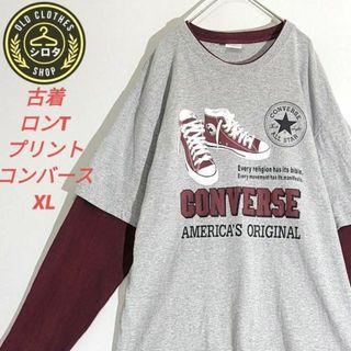 古着 ロンT アメカジ コンバース フェイクレイヤード プリント グレー 臙脂(Tシャツ/カットソー(七分/長袖))