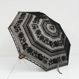 日傘 ブロンズ USED美品 フラワー レース 黒 オフホワイト×ブラック 晴雨兼用 UV 遮光 遮熱 45cm A0575(傘)
