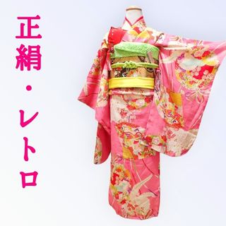 7歳　レトロ正絹ピンク扇花薬玉　七五三　お着物フルセット　アンティーク(和服/着物)