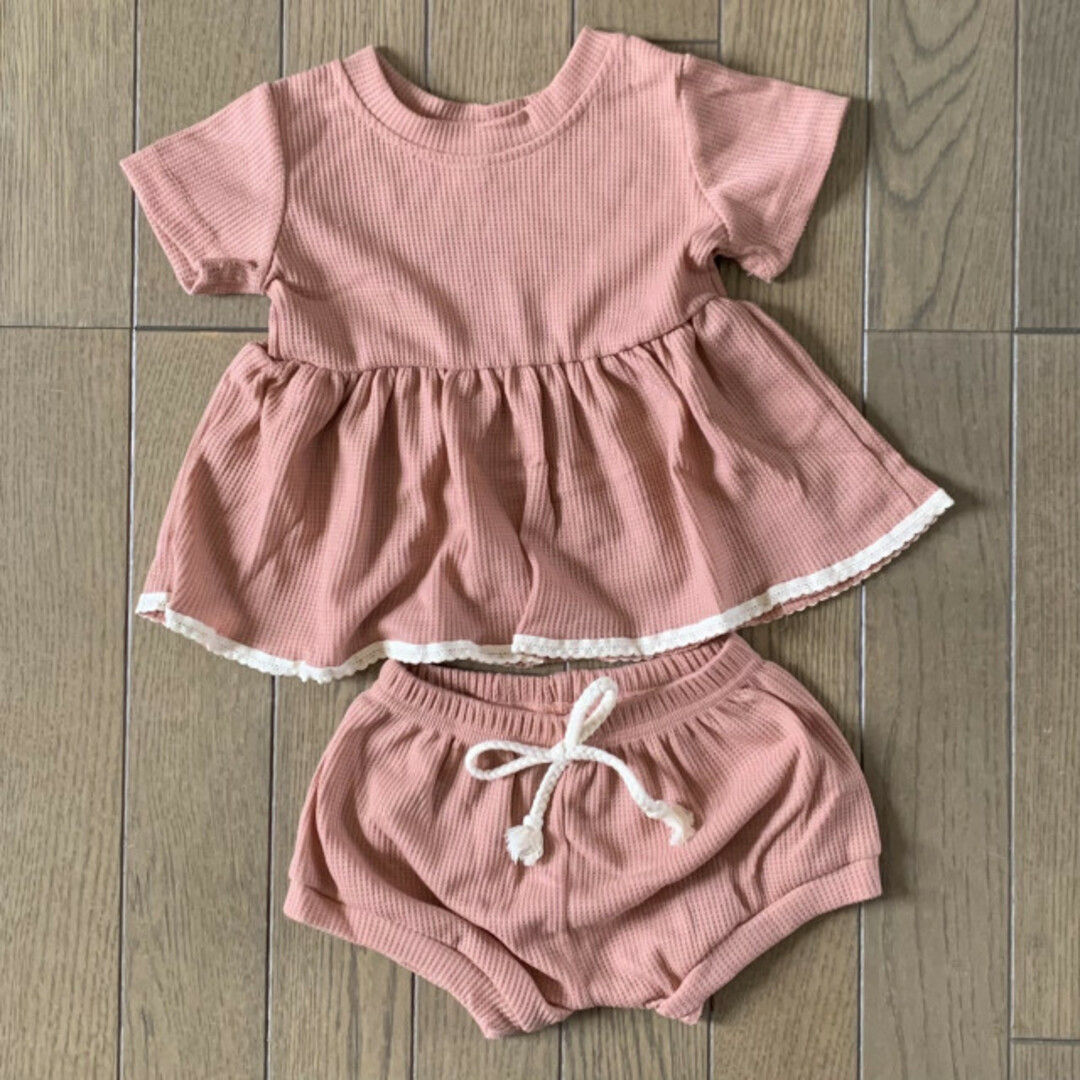 ベビー コットン 上下セット くすみ ピンク 80 キッズ/ベビー/マタニティのキッズ服女の子用(90cm~)(パンツ/スパッツ)の商品写真