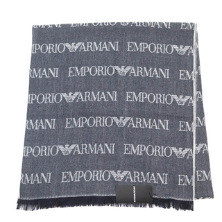 エンポリオアルマーニ(Emporio Armani)の未使用品○EMPORIO ARMANI エンポリオ アルマーニ 2019年製 625053 CC786 ロゴ総柄 フリンジ付き 薄手 マフラー/ストール グレー系 185×43 イタリア製 正規品 メンズ(ストール)