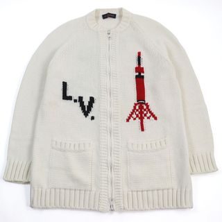 ルイヴィトン(LOUIS VUITTON)の美品○LOUIS VUITTON ルイヴィトン 19AW HHN15W ベースボールジップアップニットロングカーディガン ウール100% LVロゴ刺繍 ダブルジップ カーディガン オフホワイト XL イタリア製 正規品 メンズ(カーディガン)